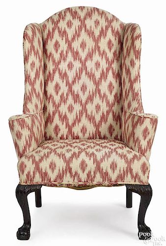Chippendale mahogany wing chair, ca. 1770, with cabriole front legs terminating in ball and claw f