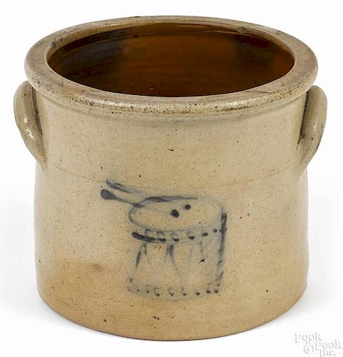 Stoneware crock, 19th c., with cobalt decoration of a snare drum, 7 1/4'' h.