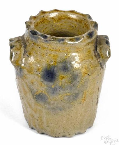 Miniature stoneware crock, 19th c., with cobalt floral decoration and a coggled rim and handles, 2