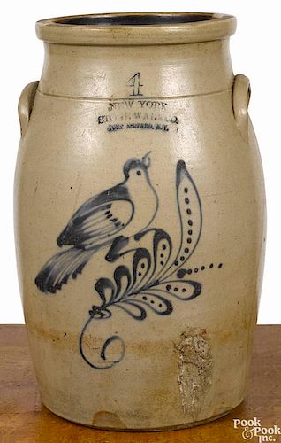 New York four-gallon stoneware churn, 19th c., impressed New York Stoneware Co. Fort Edward N.Y.