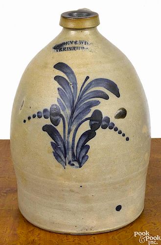 Pennsylvania stoneware jug, 19th c., impressed Cowden & Wilcox Harrisburg PA, with cobalt floral