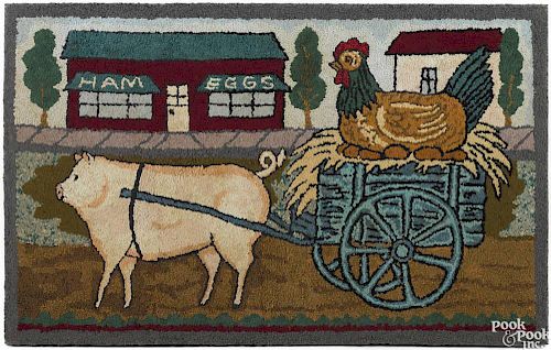 American folk art Ham and Eggs hooked rug, mid 20th c., 30'' x 49''.