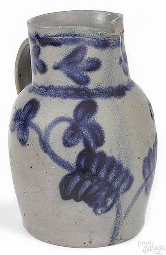 Stoneware pitcher, 19th c., probably Baltimore, with dark cobalt clover decoration, 11'' h.