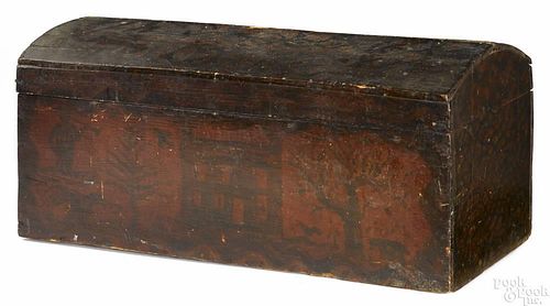 Painted poplar dome lid trunk, 19th c., probably Southern States, retaining its original red and b