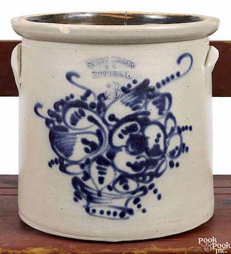 New York three-gallon stoneware jug, 19th c., impressed West Troy, N.Y. Pottery., with cobalt ba