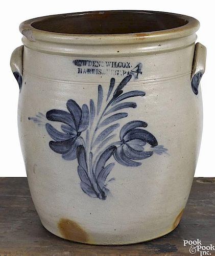Pennsylvania four-gallon stoneware crock, 19th c., impressed Cowden & Wilcox Harrisburg, PA, wit