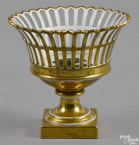 Philadelphia Tucker porcelain centerpiece basket, ca. 1825, with gilt decoration, 8 5/8'' h., 9'' w.