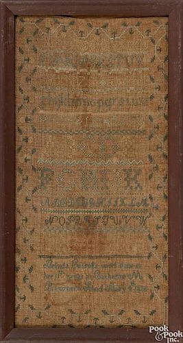 Pennsylvania silk on linen sampler, dated 1826, wrought by Belinda Cassell at Catharine M Bra