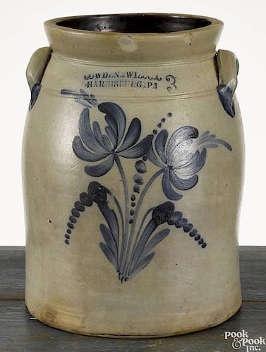 Pennsylvania three-gallon stoneware crock, 19th c., impressed Cowden & Wilcox Harrisburg, PA, wi