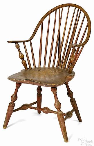 New York braceback Windsor armchair, ca. 1790, branded I. Sproson, retaining an old red over ivo