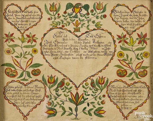 Adam Wertz (Southeastern Pennsylvania, early/mid 19th), ink and watercolor fraktur, initialed and