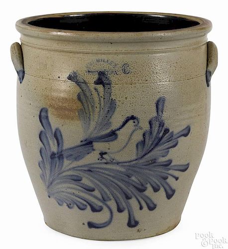 Rare six-gallon Pennsylvania stoneware crock, ca. 1875, impressed M. & T. Miller Newport, PA, wi