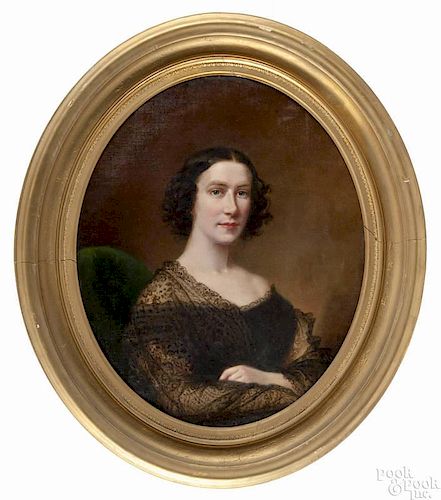 American oil on canvas portrait of a woman, mid 19th c., 30'' x 25''.