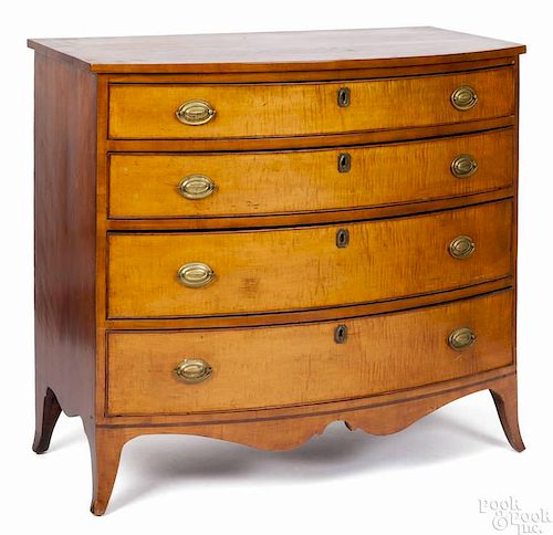 Federal cherry and tiger maple bowfront chest of drawers, ca. 1810, 39'' h., 42'' w.