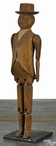 Carved pine articulated figure of a gentleman with a top hat, 19th c., 10 3/8'' h.