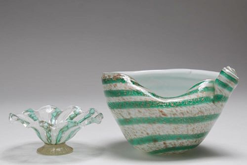 Murano Venetian Glass Bowls, Green & Gold-Fleck