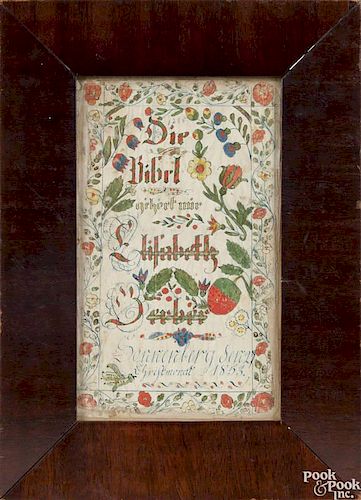 Ink and watercolor fraktur bookplate, dated 1853, probably Ohio, made for Elizabeth Gerber and i