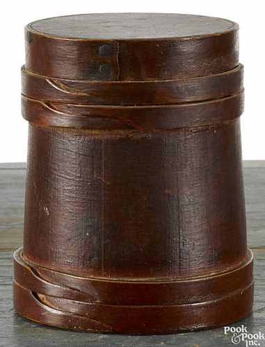 Miniature painted pine firkin, 19th c., retaining its original red surface, 5 1/8'' h.