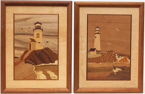 Marquetry Wood Inlay Landscapes, Signed Nelson, 2