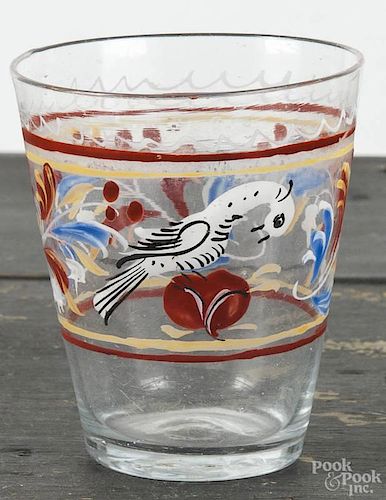 Stiegel type enameled, blown glass tumbler, 19th c., with bird and floral decoration, 4'' h.