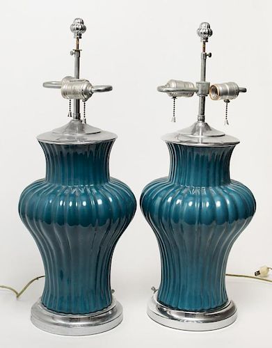 Mid-Century Modern Teal Ceramic Table Lamps