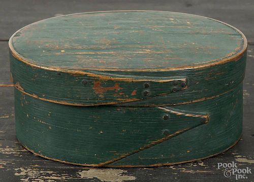 Painted bentwood pantry box, 19th c., retaining a later blue/green surface, 3 1/4'' h., 7 1/2'' w.