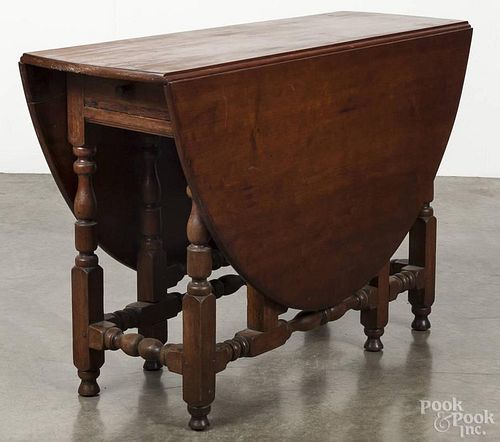 William & Mary cherry and walnut gateleg dining table, ca. 1730, 27 1/2'' h., 15'' w., 42 1/4'' d.