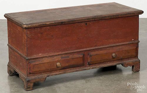 Miniature Pennsylvania painted poplar blanket chest, early 19th c., retaining an old red surface, 16