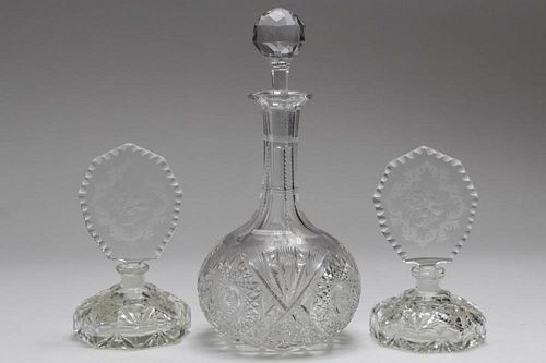 Cut Crystal Decanter & Perfume Bottles, 3 Pieces