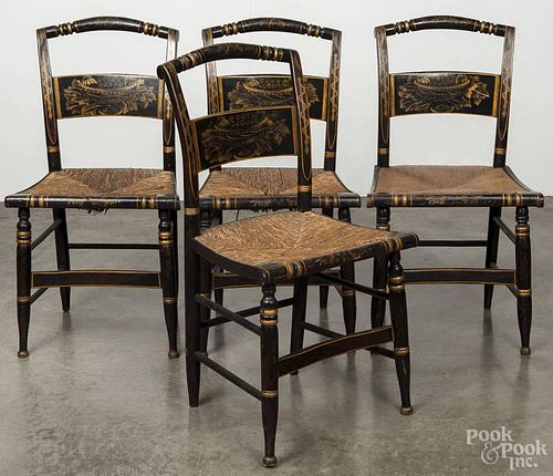 Set of four painted rush seat fancy chairs, 19th c.