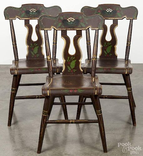 Set of six Pennsylvania painted bootjack back plank seat chairs, late 19th c., retaining the origina