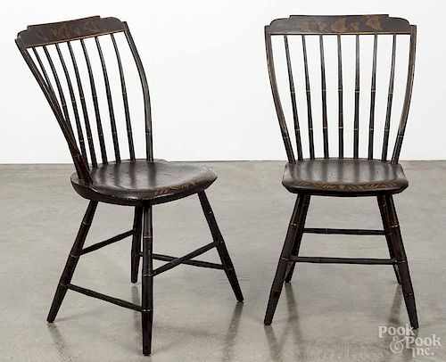 Four New England painted Windsor chairs, 19th c., retaining an foliate crest.