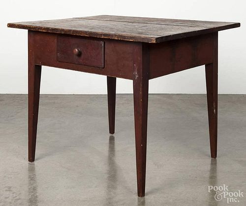 Pennsylvania painted pine work table, 19th c, with a scrubbed top and red painted base, 30 1/2'' h.,