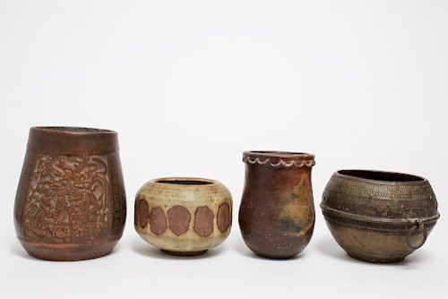 Ethnographic Pottery & Brass Containers, 3 Vintage