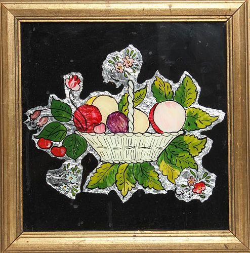 Folk Art Reverse Glass Painting of a Fruit Basket