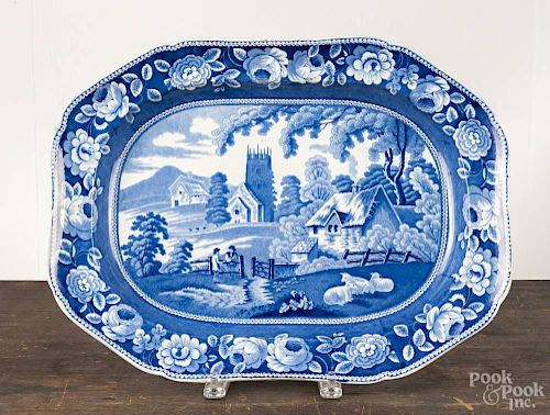 Staffordshire blue transfer platter, 19th c., with an English bucolic landscape scene, 17'' w.