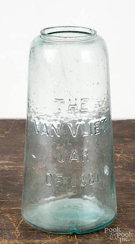 The Van Vliet Jar of 1881, aquamarine canning jar, 8 3/4'' h.