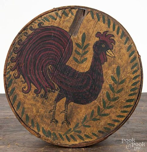 Bentwood pantry box, 19th c., with a later painted rooster decoration, 3 1/2'' h., 8'' dia.
