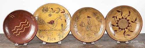 Three contemporary sgrafitto redware plates, by Becky Mummert, East Berlin, Pennsylvania, together w