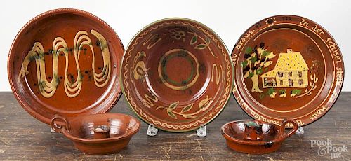 Five pieces of Contemporary redware, by Becky Mummert, East Berlin, Pennsylvania, to include three s