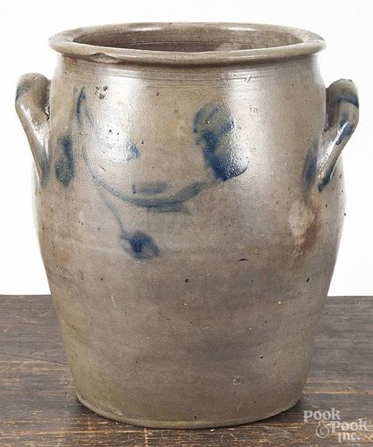 Stoneware crock, mid 19th c., probably, New Jersey, with double-sided cobalt floral decoration, 10 1