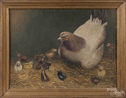 Primitive oil on canvas, laid on board, of a hen and chicks, dated 78', 17 1/2'' x 24''.