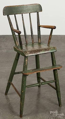 Pennsylvania painted pine high chair, 19th c., retaining an old apple green surface, overall height