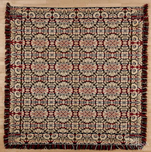 Jacquard coverlet, mid 19th c., inscribed Hannah Jane Clemmens, 88'' x 94''.