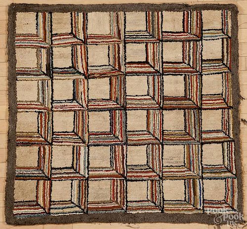 Hooked rug of repeating blocks, early 20th c., 39'' x 41''.