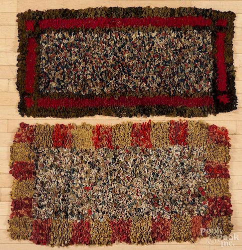 Two shirred rag rugs, early 20th c., one in an Amish block design, 42'' x 19'' and 39'' x 22''.