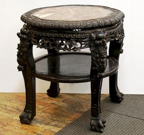 Asian Chinese Hardwood & Marble Side Table