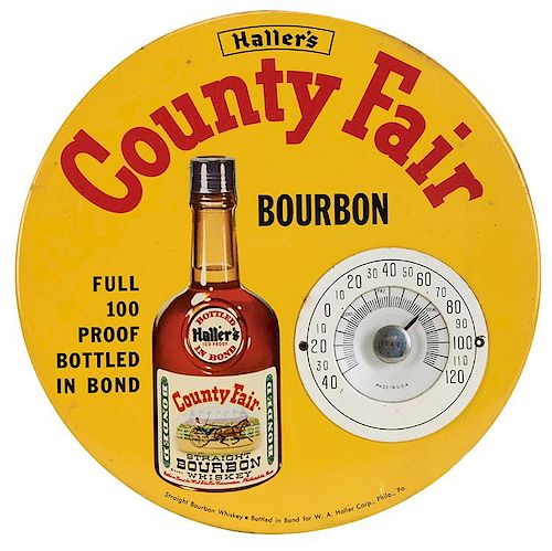 Haller’s County Fair Bourbon Round Celluloid Sign with Thermometer.
