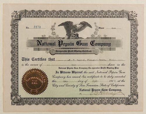 National Pepsin Gum Company Co-Operative Profit Sharing Certificate #3173.