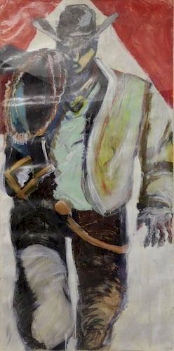 Very Large Contemporary Oil on Paper of a Cowboy.